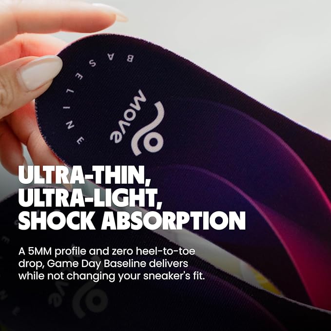 MOVE Baseline - All-Purpose Insoles - Sock Liner - Ultra Thin Shock Absorption - Maximum Freedom of Movement and Energy Return for Cleats, Shoes, Running, Basketball, Baseball (M7-7.5/WM 8.5-9)