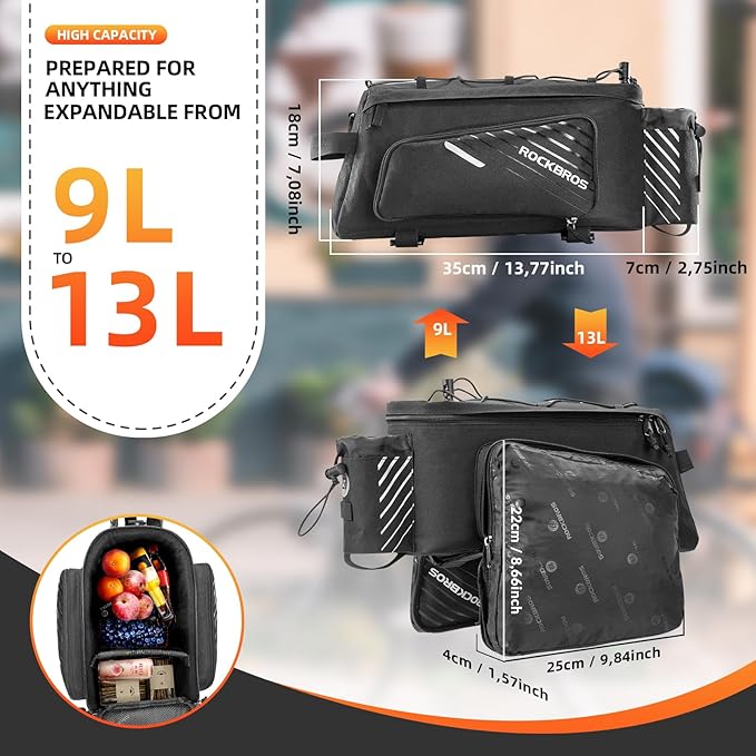 ROCKBROS Bike Rack Bag Bicycle Bag Trunk Rear Rack Bag Bike Panniers Bike Accessories Basket Storage Luggage Saddle Shoulder Bag 13L for E bike, Bicycle With Rain Cover Biking Accessories Gear