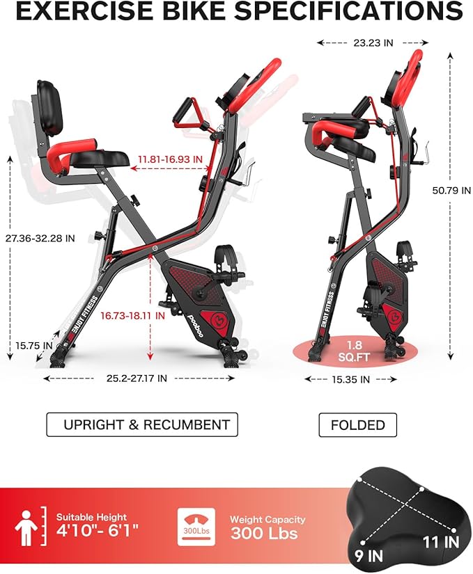 pooboo Folding Exercise Bike, Foldable Upright Stationary Bike, Indoor Cycling Magnetic X-Bike with 8-Level Adjustable Resistance, 6.6 LBS Flywheel, 300LB Capacity, Bottle Holder & Back Support Cushion for Home Gym