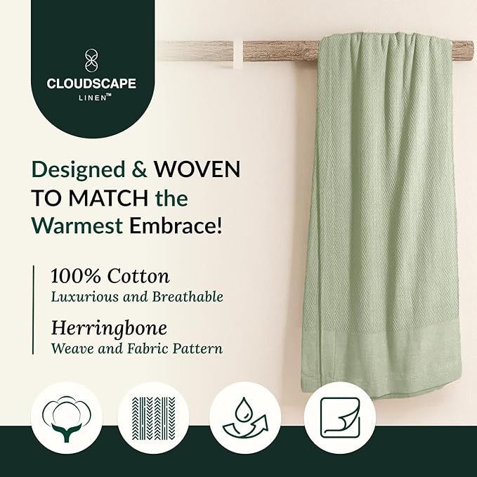 Cloud Scape Linen 100% Cotton Queen Size Blanket, Herringbone Pattern, Lightweight Summer Blanket,Best Gifts for Women, fits Full Size Bed, 92 x 92, Seafoam Green