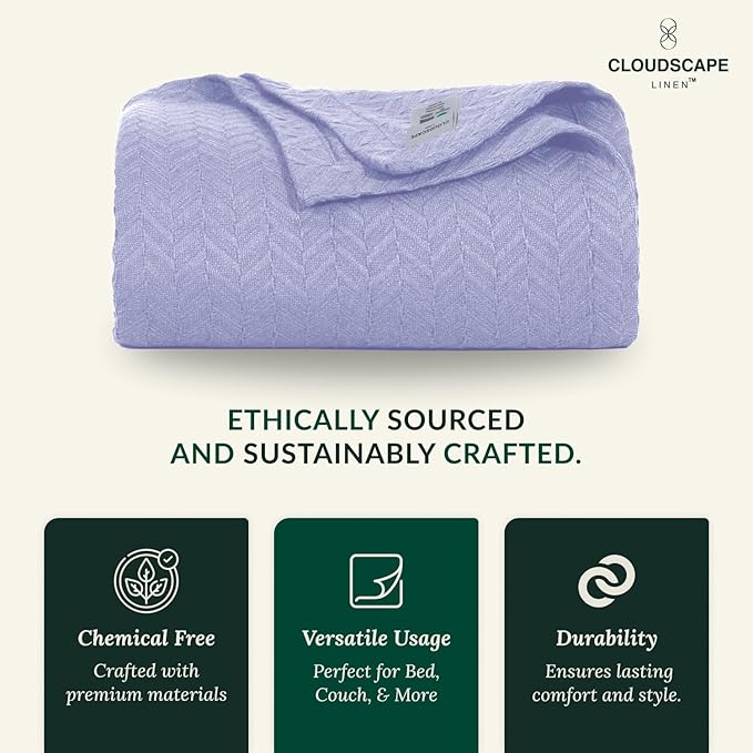 Cloud Scape Linen 100% Cotton Queen Size Blanket, Herringbone Pattern, Lightweight Summer Blanket,Best Gifts for Women, fits Full Size Bed, 92 x 92, Lavender Blue