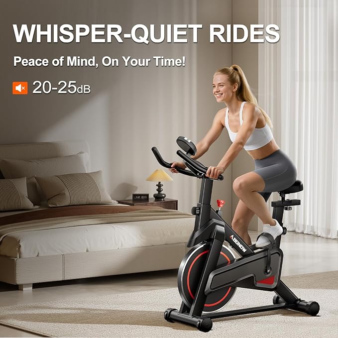 Exercise Bike, Brake Pad Stationary Bikes for Home with App Compatible, Low Noise Indoor Cycling Bike, 300lbs Capacity Compact Workout Bike with Tablet Mount & Extra Comfort Seat