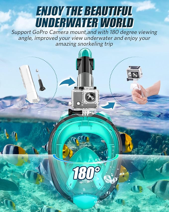 QingSong Full Face Snorkel Mask for Adults, Snorkeling Gear with Camera Mount, 180 Degree Panoramic View Snorkel Set Anti-Fog Anti-Leak