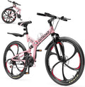 26 Inch Folding Mountain Bike, 21 Speed Full Suspension Bicycle with High-Carbon Steel, Dual Disc Brake Non-Slip Quick Release tire Folding Bicycle for Adults/Men/Women