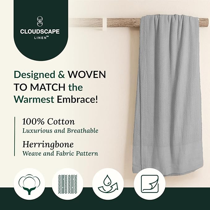 Cloud Scape Linen 100% Cotton Queen Size Blanket, Herringbone Pattern, Lightweight Summer Blanket,Best Gifts for Women, fits Full Size Bed, 92 x 92, Light Grey