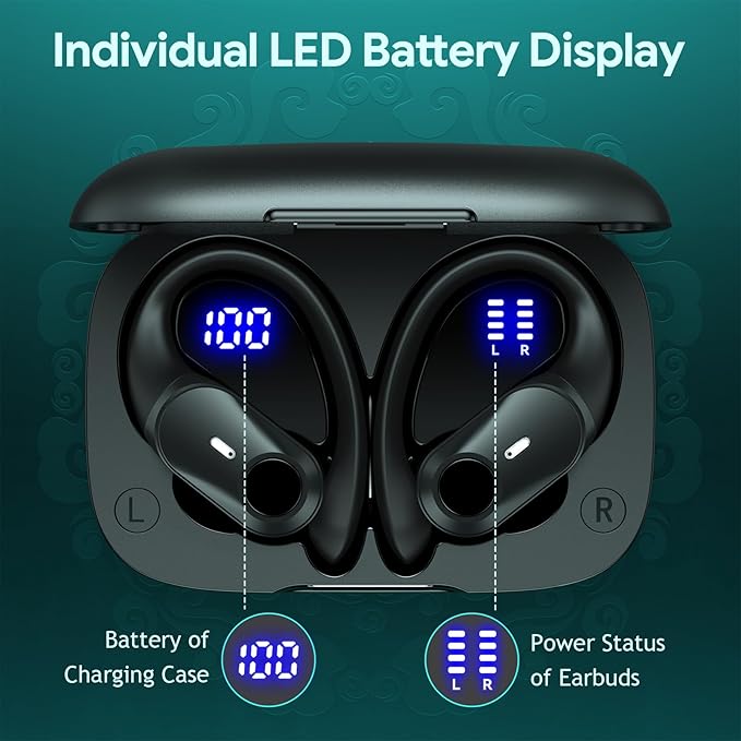 GOLREX Active Noise Cancelling Ear Buds Wireless Earbuds Bluetooth Headphones with 80H Playtime LED Display Wireless Charging Case, Over-Ear Hooks Earbud for Sports Running Gym Workout Black