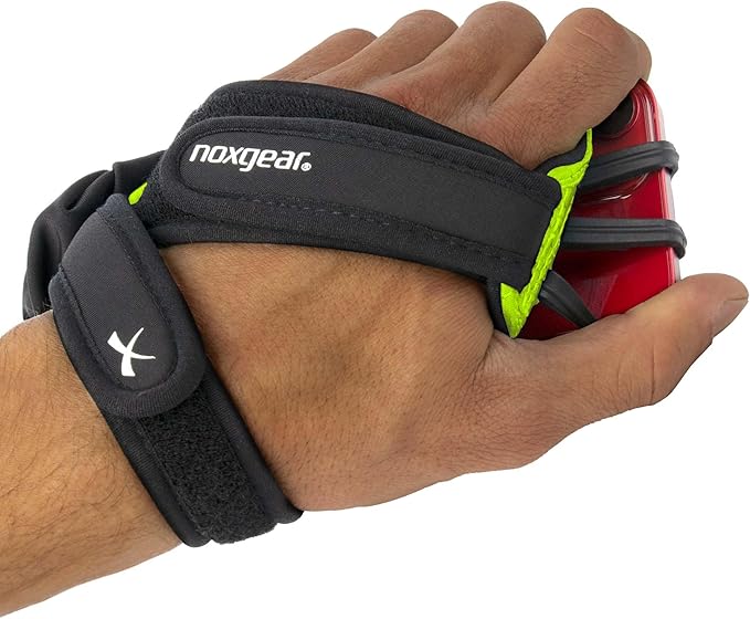 Noxgear Hand Held Phone Holder - Handheld Grip Phone Holder with Key Fob & Card Slot for Running, Jogging & Working Out - Compatible with All Phones - Machine Washable (Lime, Right Hand)