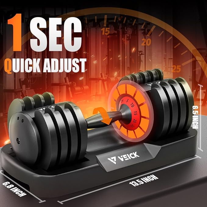 VEICK 25/55 lbs Adjustable Dumbbell with Anti-Slip Turning Handle, Fast Adjust Weight for Men Women, Exercise Equipment with Tray for Home Gym Full Body Workout Fitness