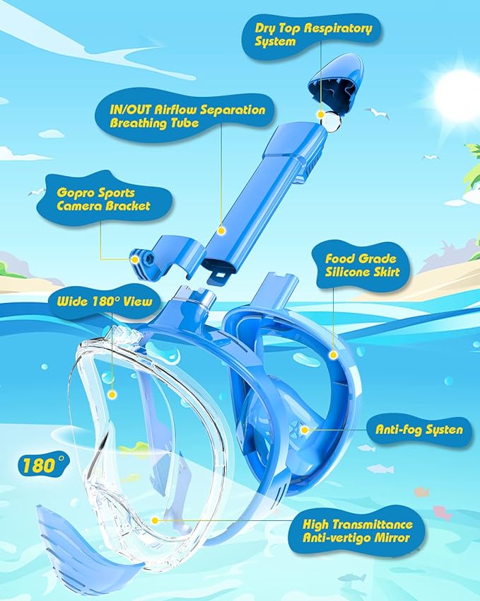 QingSong Kids Snorkel Mask Full Face, Snorkeling Set with Camera Mount, Foldable 180 Degree Panoramic View Snorkeling Gear Anti-Fog Anti-Leak