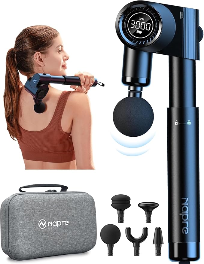 Foldable Massage Gun Deep Tissue with 5 Adjustable Angles,Portable Percussion Back Massager for Muscle/Neck/Body Pain Relief with Long Extension Metal Handle,32-Speeds,with Carry Case