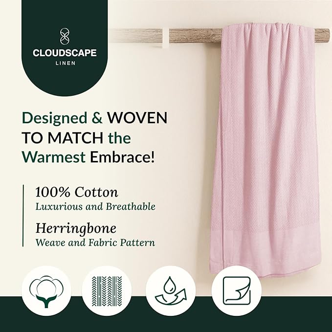 Cloud Scape Linen 100% Cotton Blanket King Size for Bed – Lightweight Summer Blanket, Herringbone Weave,fits California King Size Bed, 92x108,Seashell Pink