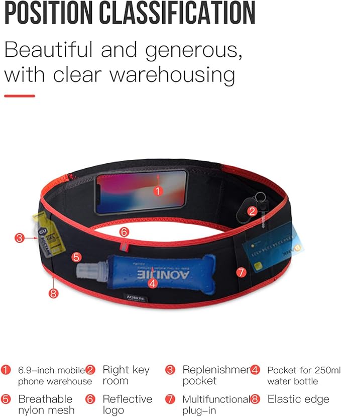 AONIJIE Hydration Belt Running Fanny Pack, with 250ml Soft Water Bottle Flask Phone Holder for Trailing Running Climbing Jogging Cycling Workout Fitness 3 Colors (Red, S/M)