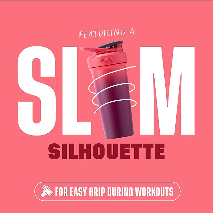 BlenderBottle Sport Sleek Insulated Stainless Steel Shaker Bottle with Wire Whisk, 25-Ounce, Sangria Ombre – Protein Shakes & Hydration for Athletes & Fitness Enthusiasts, Easy Mixing, Slim Easy to Hold, Keeps Drinks Cold, Lockable Lid