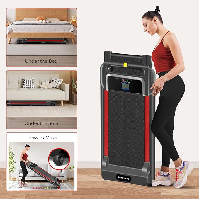 Portable Treadmill with Handle, 3.0HP Walking Pad Treadmill, Electric Compact Treadmills,Treadmills for Home Small Space with 12 Preset Programs, Walking Pad with Handle,300 LBS Capacity(Black Red)