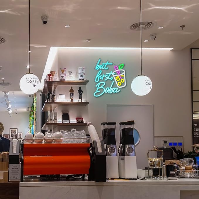 But First Boba Neon Sign Bubble Tea with Cup Neon Sign for Wall Decor Milk Tea Neon Lights Dimmable LED Neon Light Signs for Restaurant Coffee Dessert Shop Party(15.2 * 13in)
