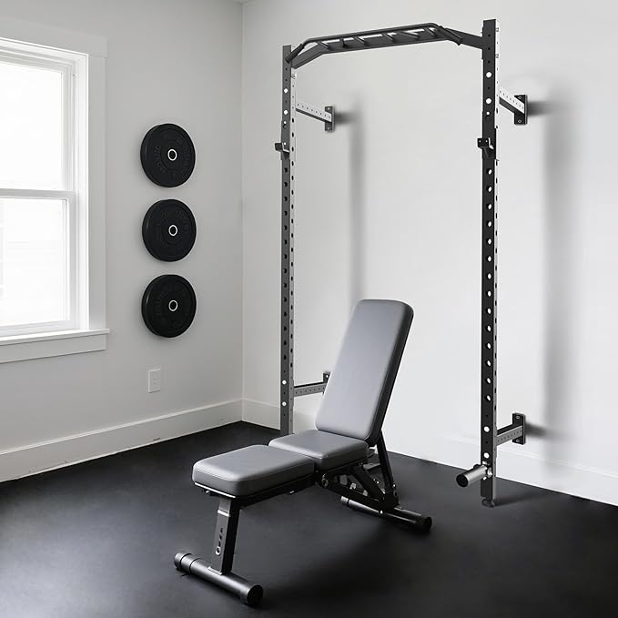1600LB Wall Mounted Power Rack, Commercial Squat Rack for Home Gym with Multi-Grip Pull Up Bar, j-Cups & Landmine Attachment for Home and Garage Gym