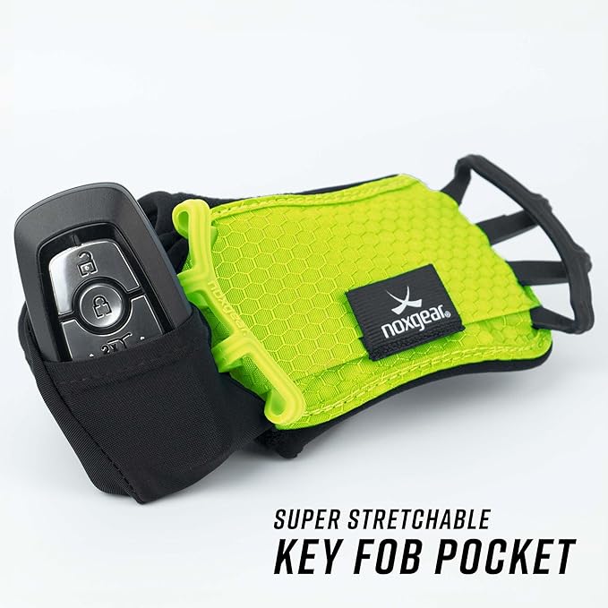 Noxgear Hand Held Phone Holder - Handheld Grip Phone Holder with Key Fob & Card Slot for Running, Jogging & Working Out - Compatible with All Phones - Machine Washable (Lime, Right Hand)