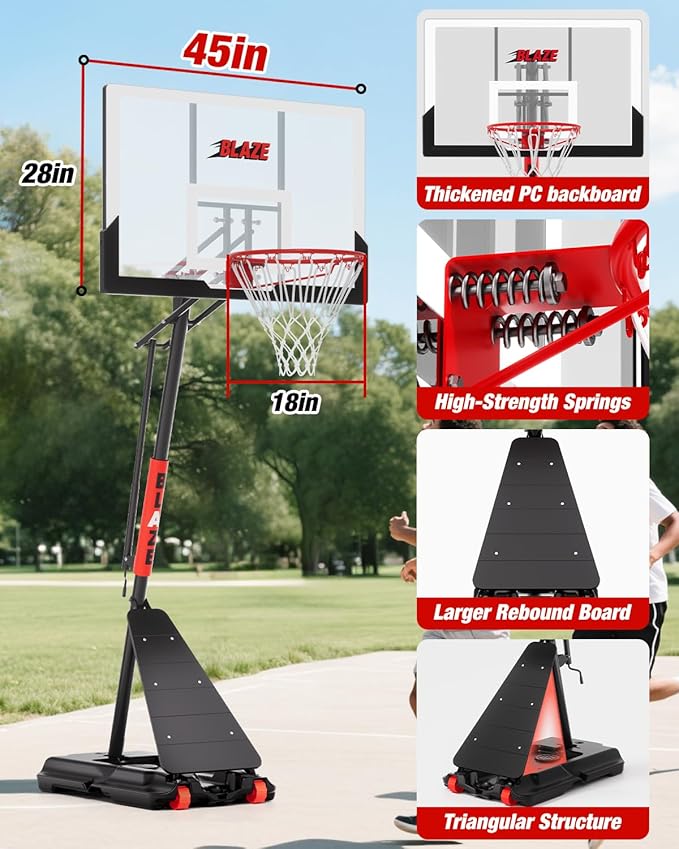 Portable Basketball Hoop Outdoor 5.3-10 FT Height Adjustable, Basketball Goals Systems for All Ages with 45 Inch Shatterproof Backboard in Backyard/Driveway/Indoor