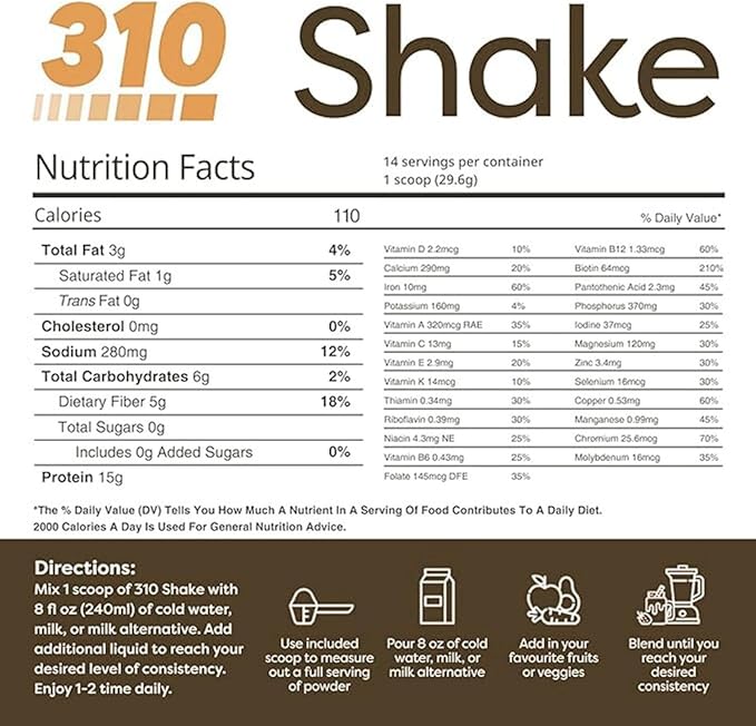 310 Nutrition All In One Meal Replacement Shake Fiber Rich Vegan Superfood Blend Natural Sweeteners Low Carb Shake, Keto & Paleo Friendly Gluten Free 26 Essential Vitamins & Minerals