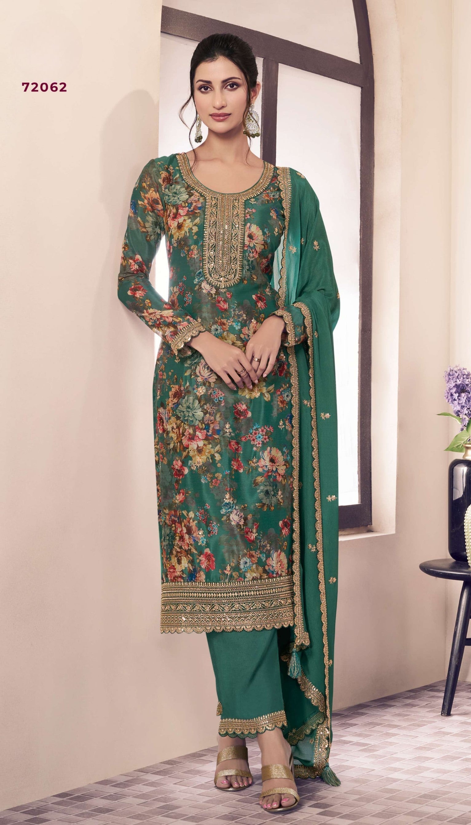 Anaita Green Chinon Digital Print Sequence Embroidered Salwar Suit