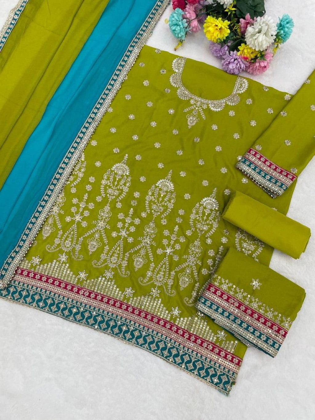 Anaita Green Chinon Suit With Embroidered Sequins & Mirror Work