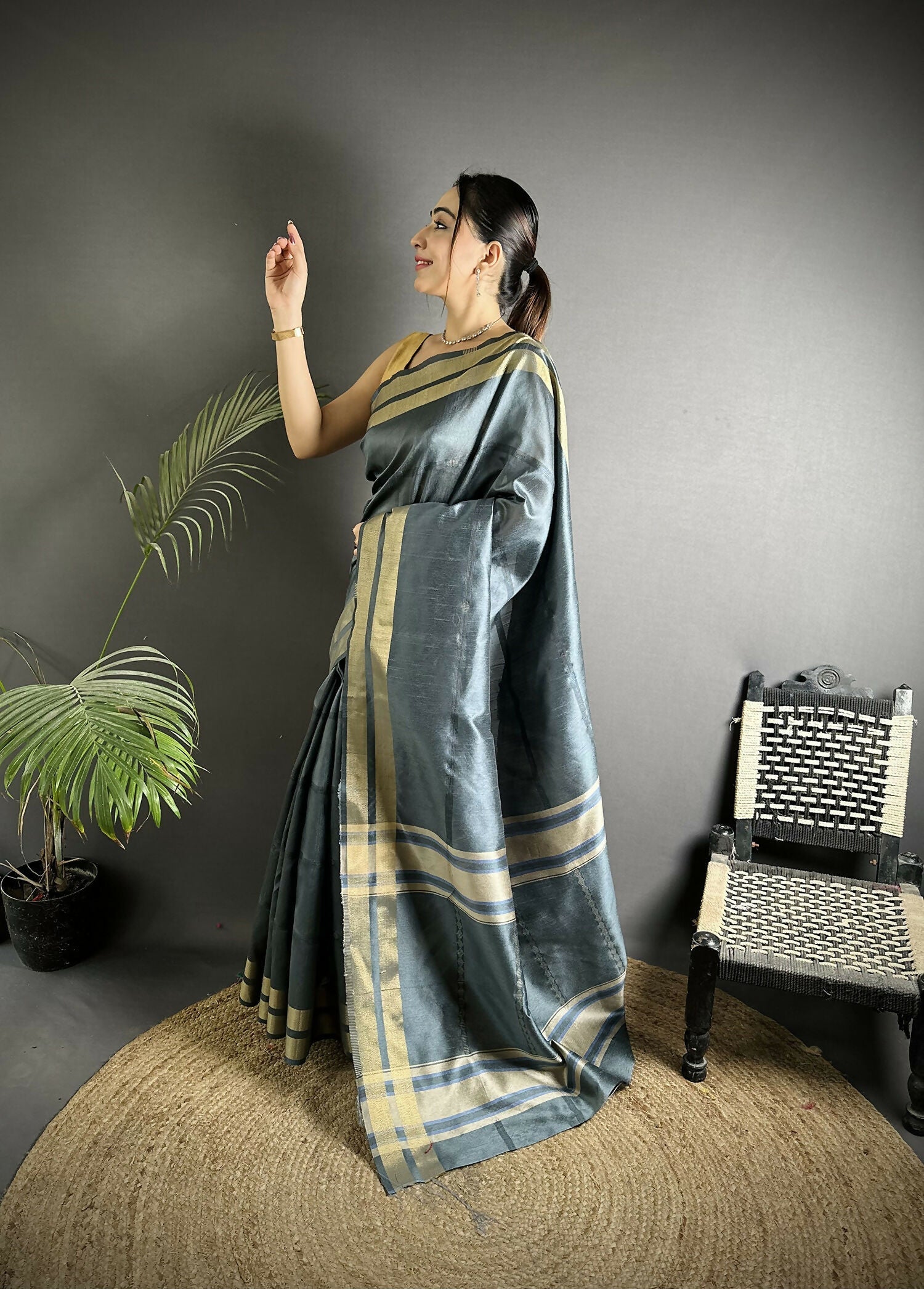 Joban Fashion Dark Grey Woven Pattern Raw Silk Kanjivaram Silk Saree