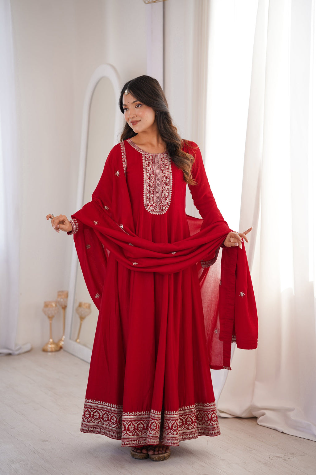 Lorenvalley Fashion Red Vichitra Silk with Full Kali Pattern Embroidery work Anarkali Gown with Dupatta