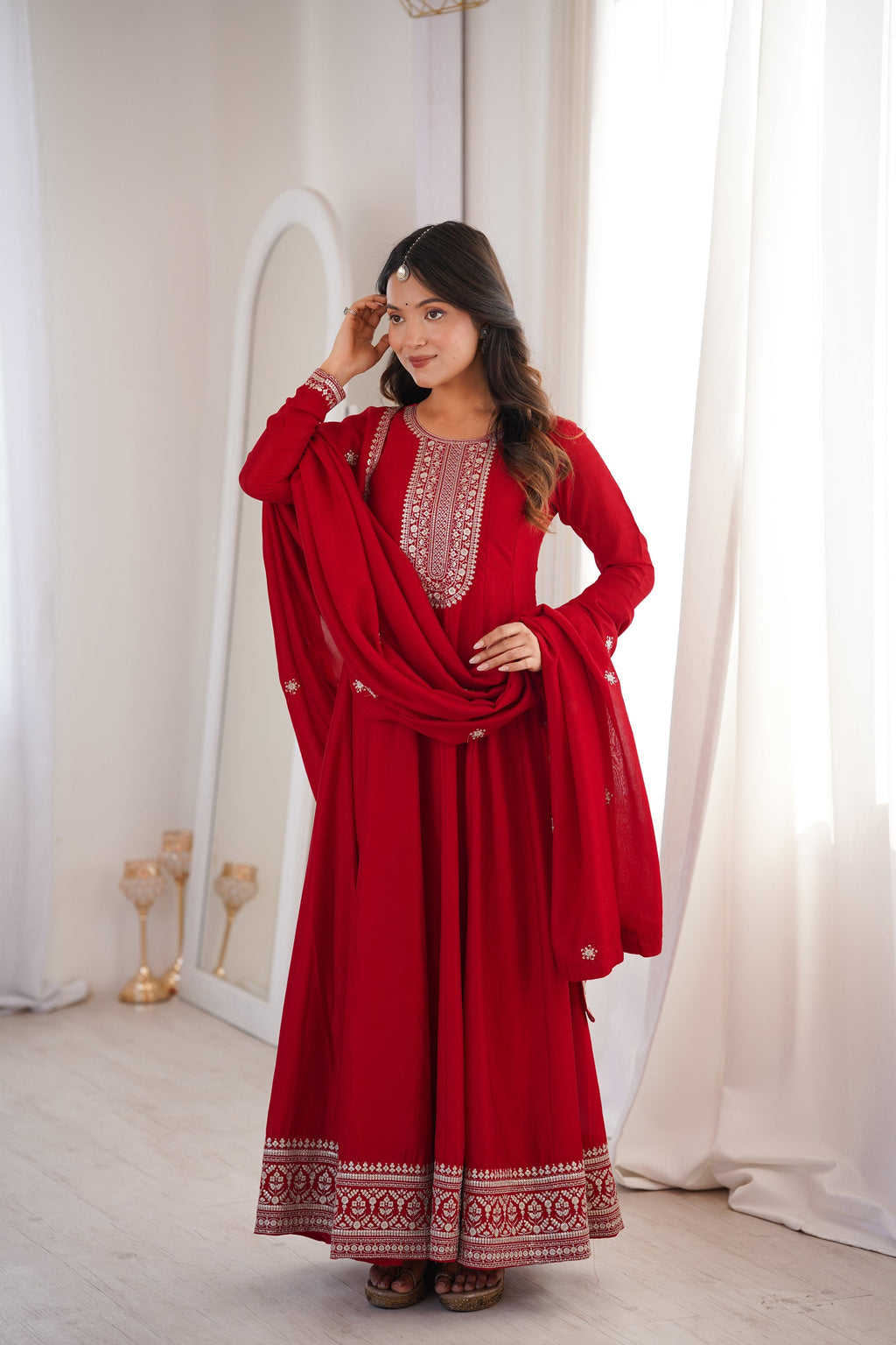 Lorenvalley Fashion Red Vichitra Silk with Full Kali Pattern Embroidery work Anarkali Gown with Dupatta