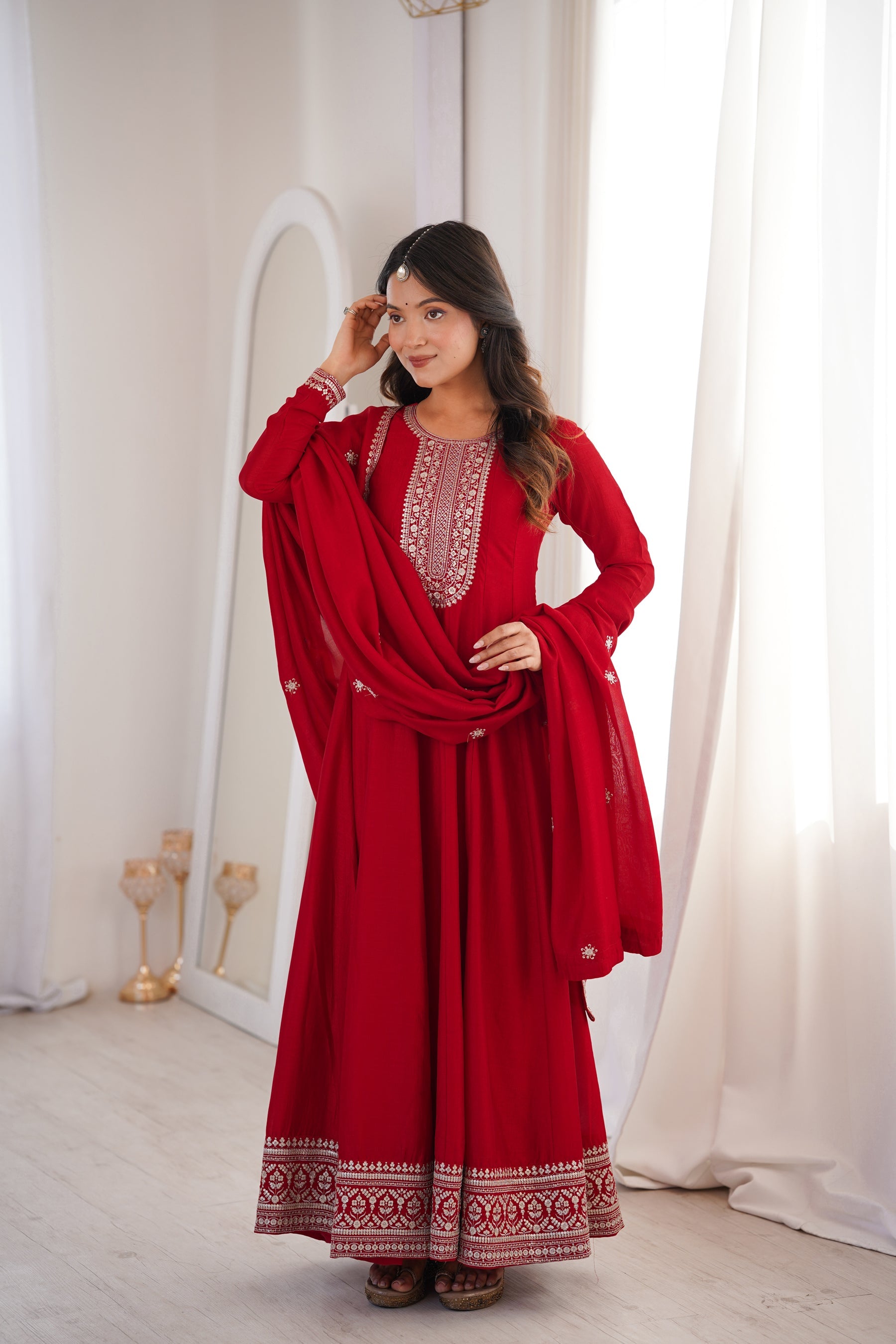 Lorenvalley Fashion Red Vichitra Silk with Full Kali Pattern Embroidery work Anarkali Gown with Dupatta