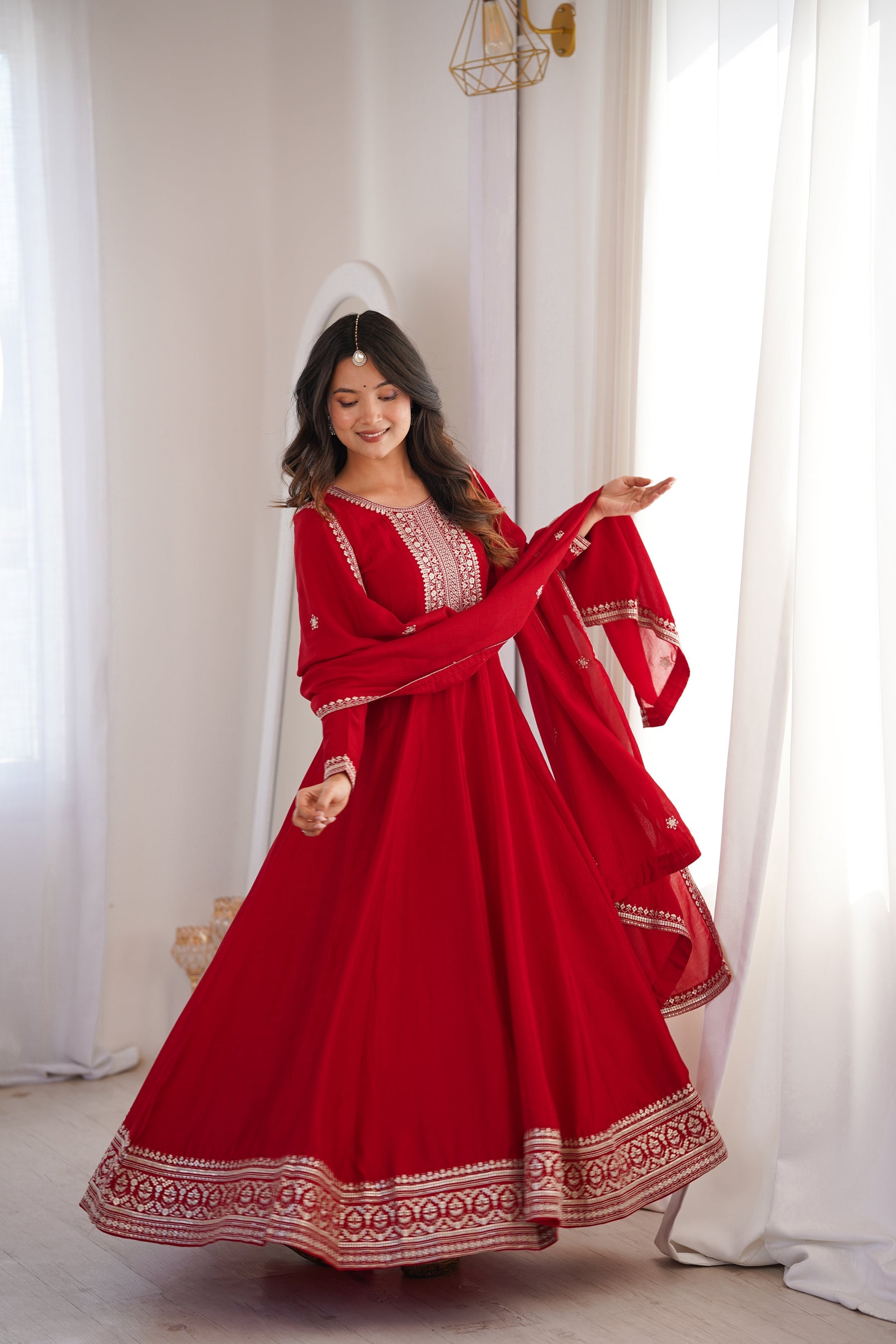 Lorenvalley Fashion Red Vichitra Silk with Full Kali Pattern Embroidery work Anarkali Gown with Dupatta