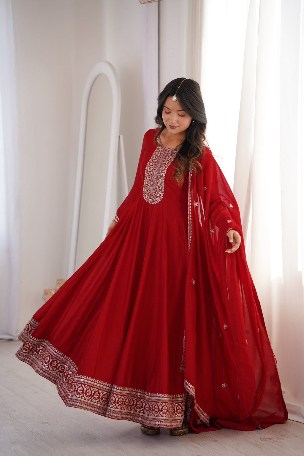 Lorenvalley Fashion Red Vichitra Silk with Full Kali Pattern Embroidery work Anarkali Gown with Dupatta