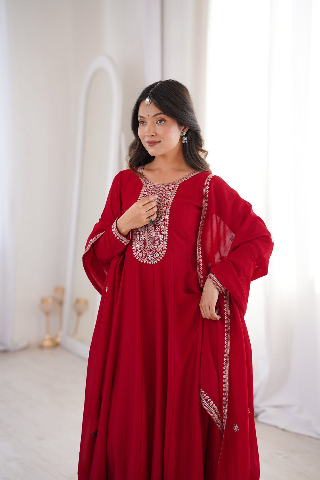 Lorenvalley Fashion Red Vichitra Silk with Full Kali Pattern Embroidery work Anarkali Gown with Dupatta