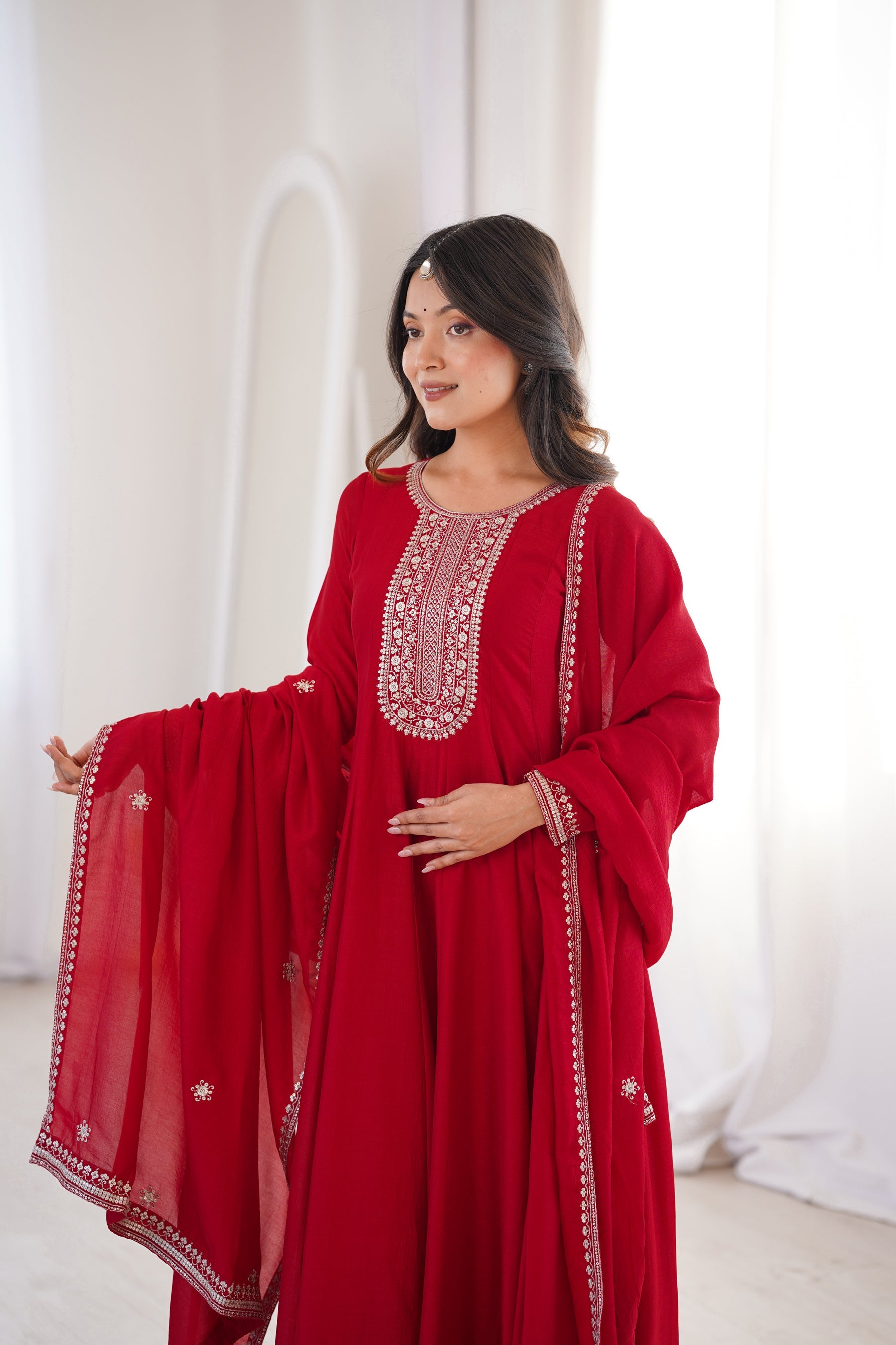 Lorenvalley Fashion Red Vichitra Silk with Full Kali Pattern Embroidery work Anarkali Gown with Dupatta