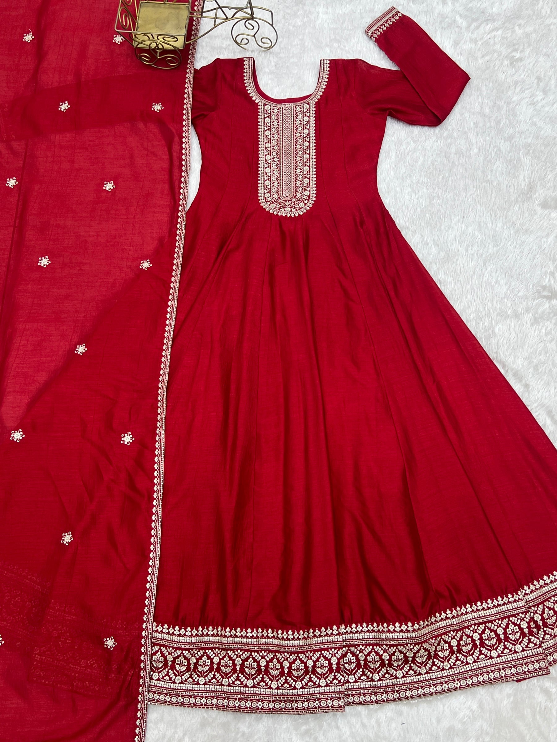 Lorenvalley Fashion Red Vichitra Silk with Full Kali Pattern Embroidery work Anarkali Gown with Dupatta