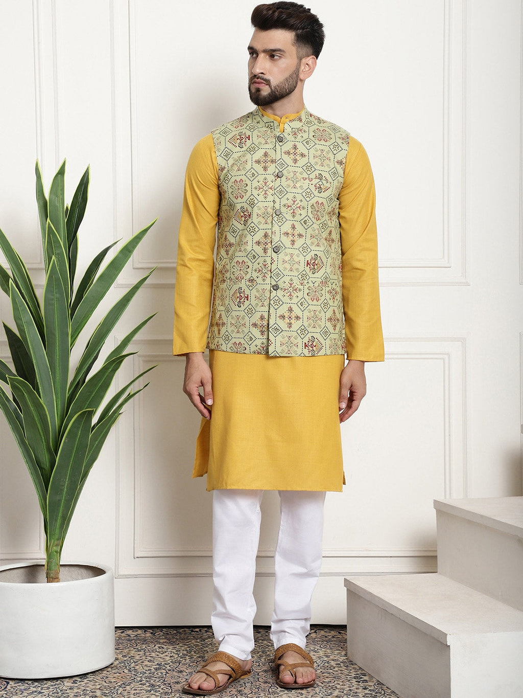 Sojanya Men Mustard Yellow Pure Cotton Kurta with Churidar & Nehru Jacket
