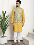 Sojanya Men Mustard Yellow Pure Cotton Kurta with Churidar & Nehru Jacket