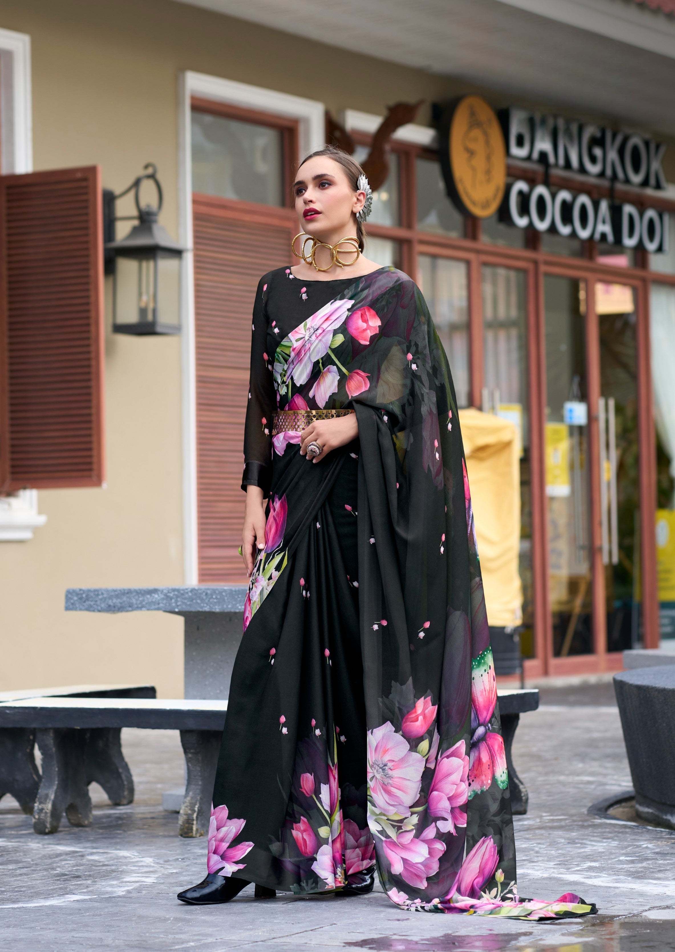 Anaita Black Designer Printed Pure Georgette Saree With Blouse
