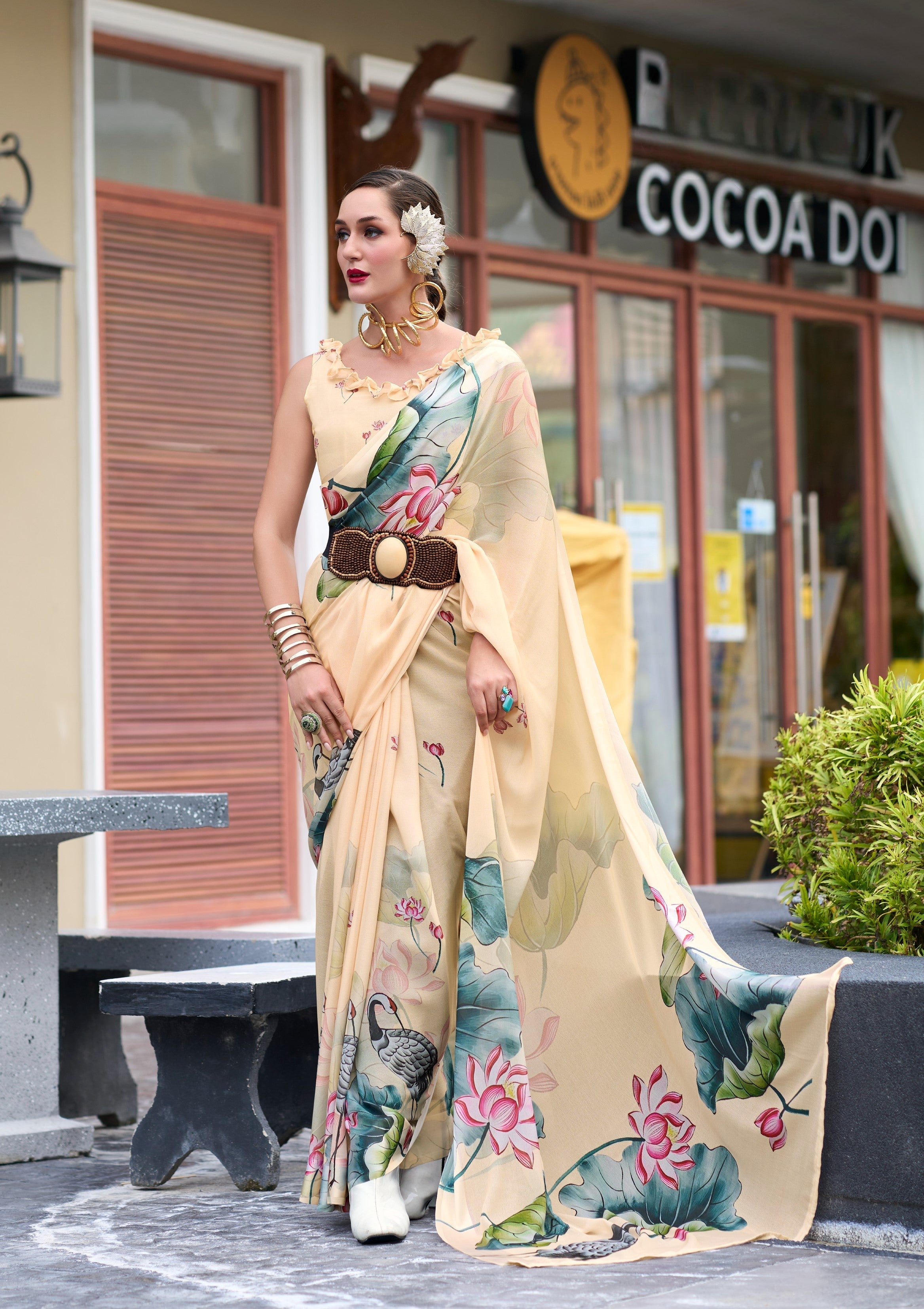 Anaita Cream Designer Printed Pure Georgette Saree With Blouse