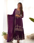 Lorenvalley Fashion Wine Chinnon Silk with Embroidery Sequence and Jari Work Kurta Sharara with Dupatta