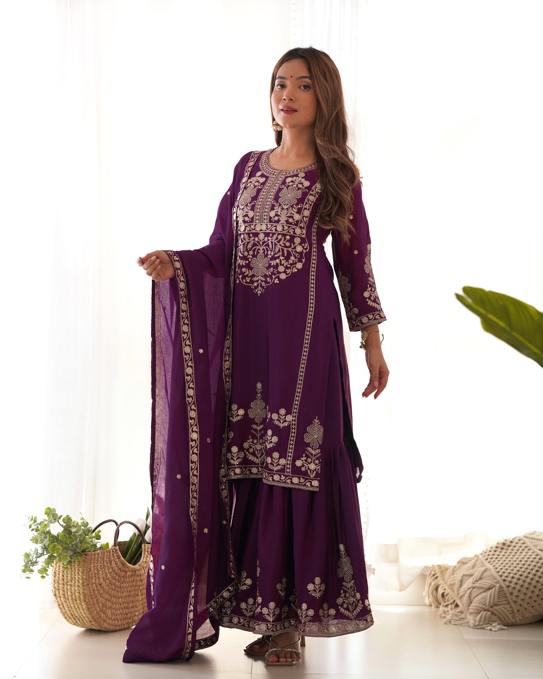 Lorenvalley Fashion Wine Chinnon Silk with Embroidery Sequence and Jari Work Kurta Sharara with Dupatta