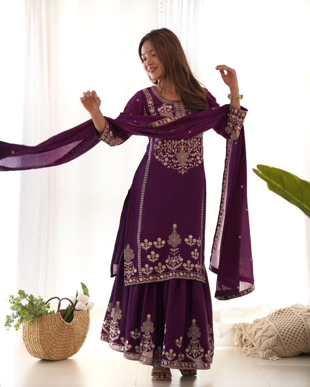 Lorenvalley Fashion Wine Chinnon Silk with Embroidery Sequence and Jari Work Kurta Sharara with Dupatta