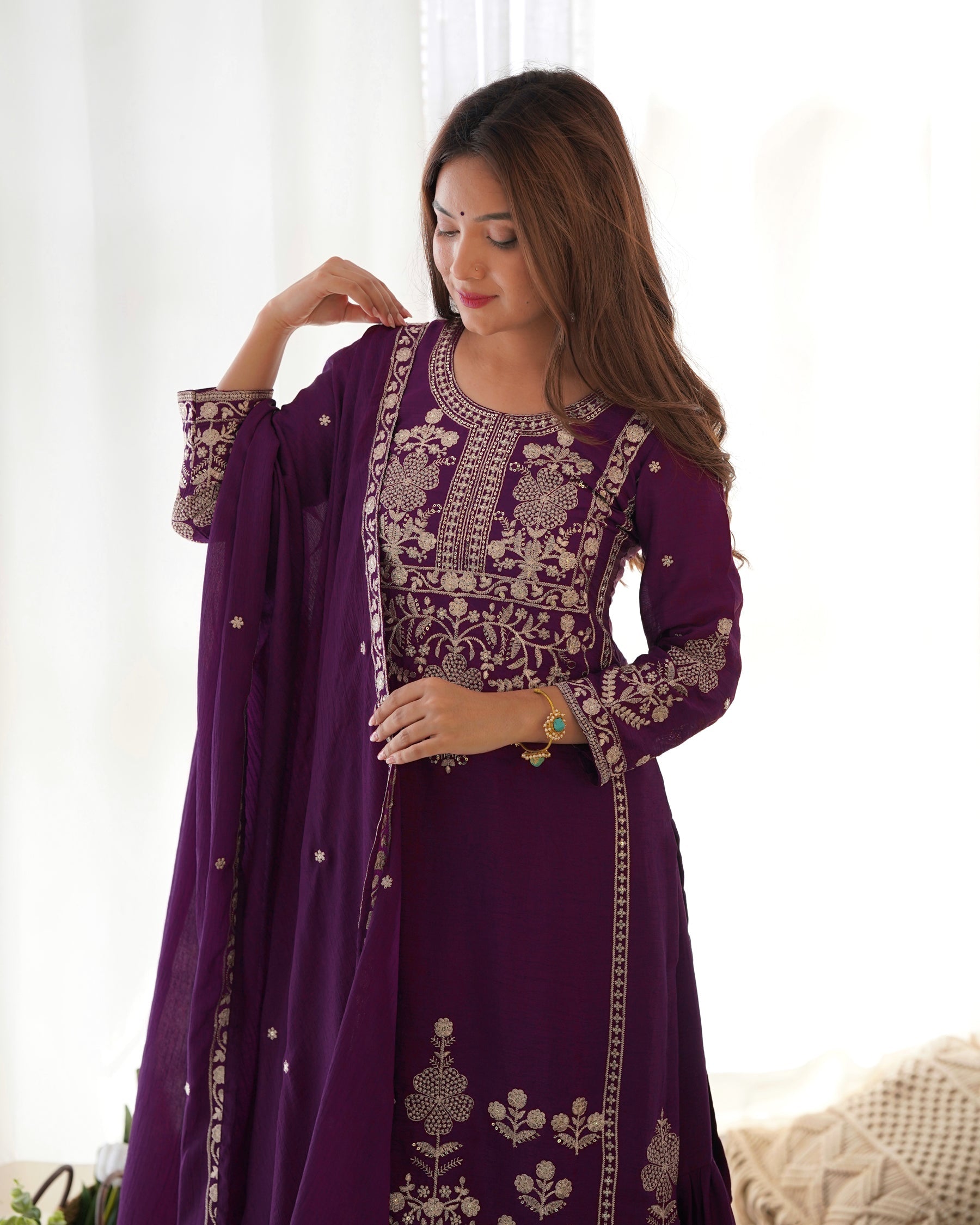 Lorenvalley Fashion Wine Chinnon Silk with Embroidery Sequence and Jari Work Kurta Sharara with Dupatta