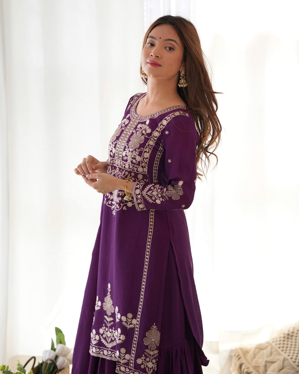 Lorenvalley Fashion Wine Chinnon Silk with Embroidery Sequence and Jari Work Kurta Sharara with Dupatta
