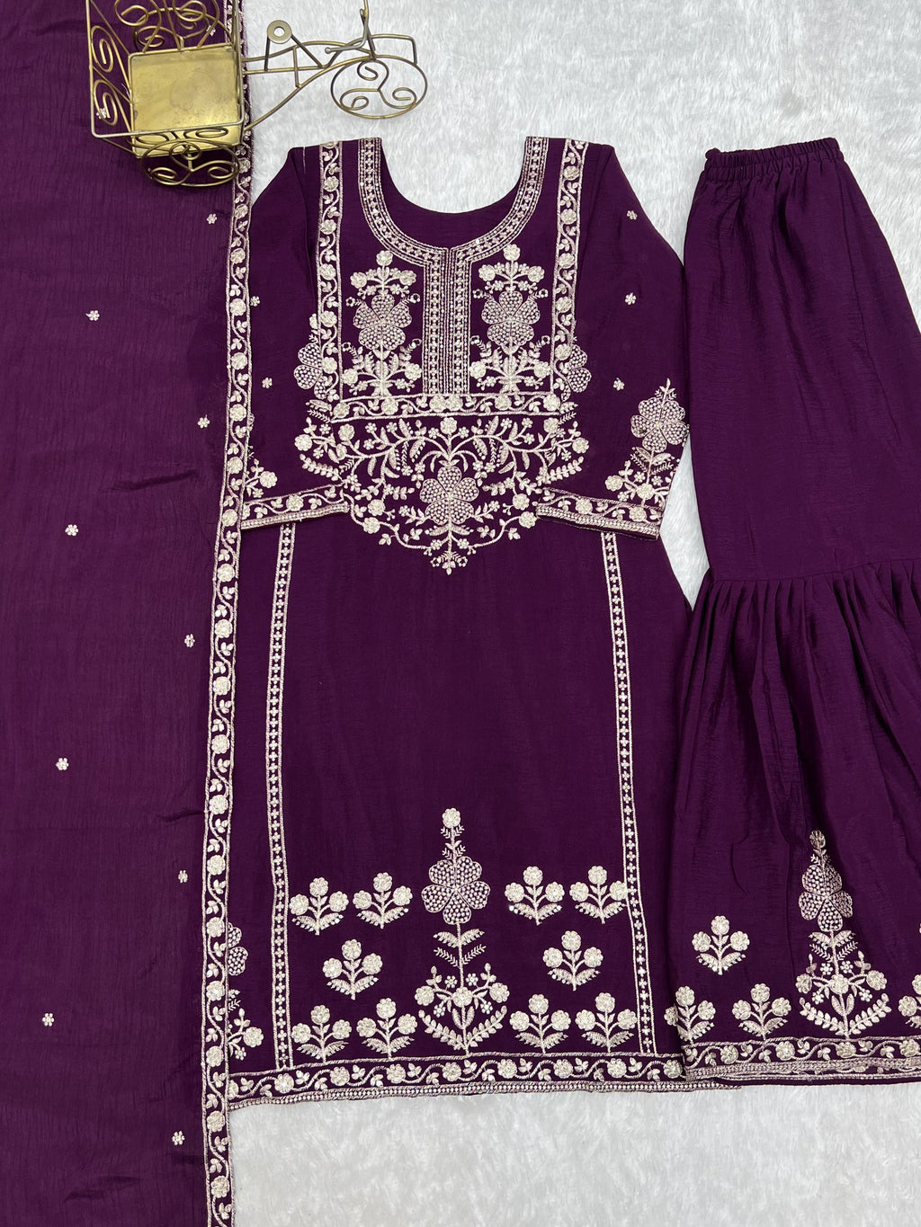 Lorenvalley Fashion Wine Chinnon Silk with Embroidery Sequence and Jari Work Kurta Sharara with Dupatta