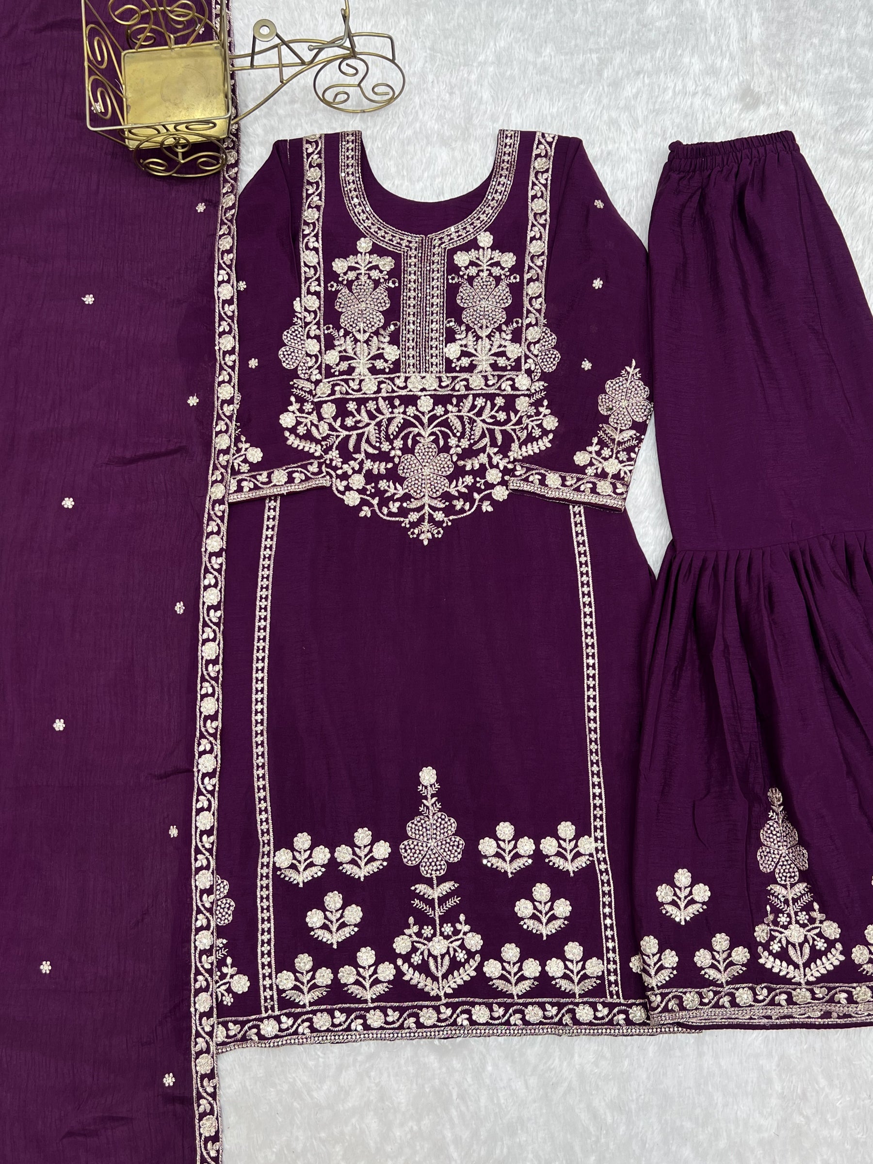 Lorenvalley Fashion Wine Chinnon Silk with Embroidery Sequence and Jari Work Kurta Sharara with Dupatta