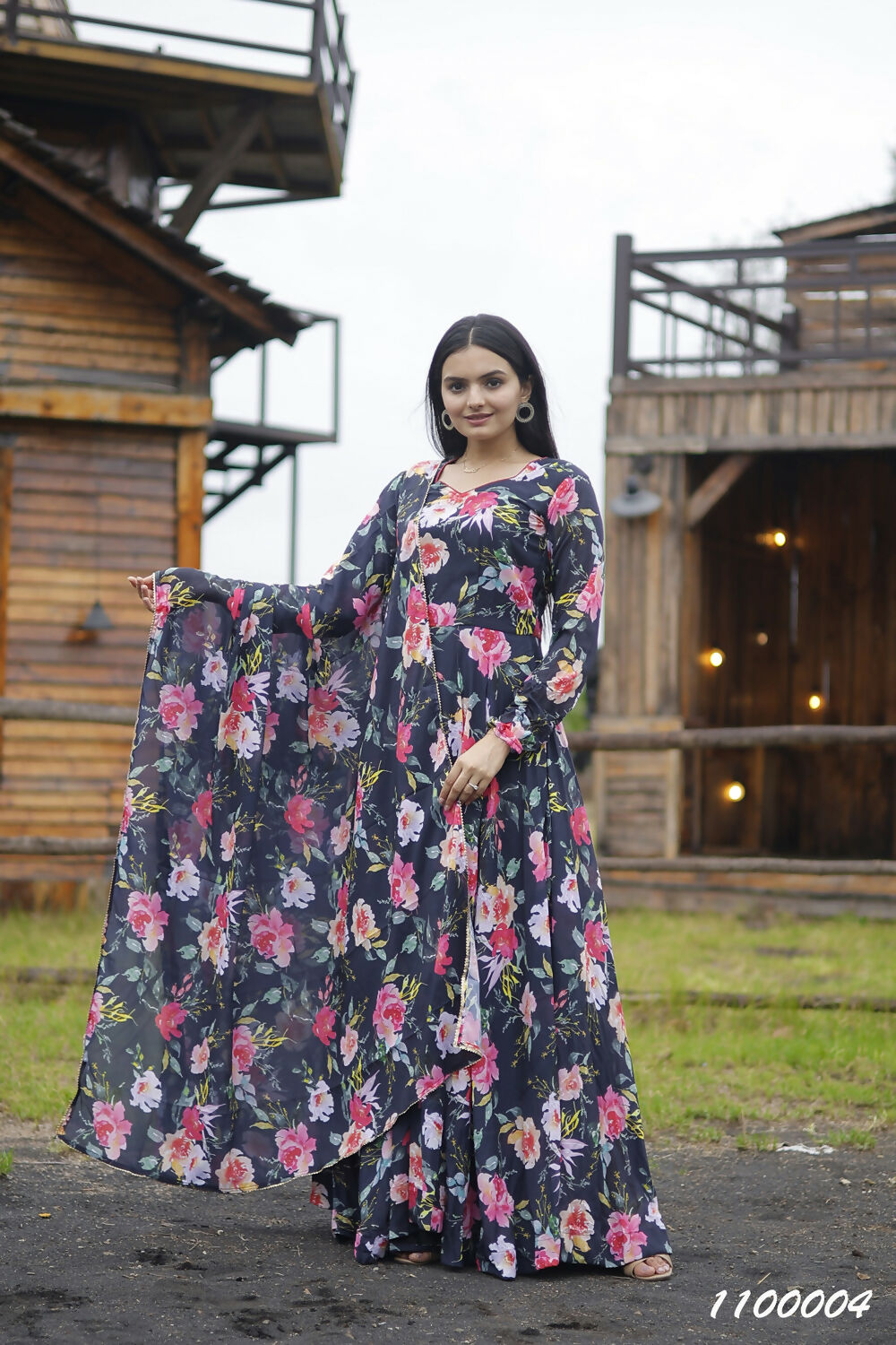 Aayaa Designer Printed Georgette Full Flare Gown With Dupatta - Multi Color