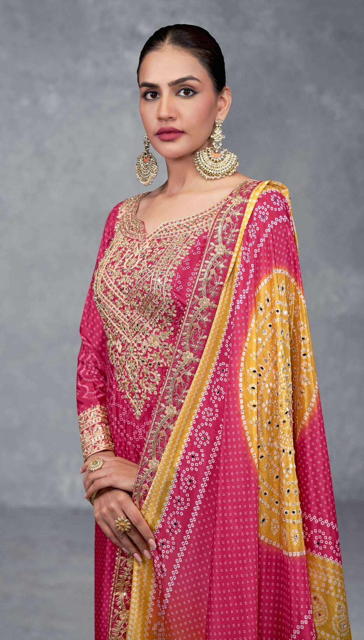 Anaita Pink Digital Printed Chinon Embroidered Sequence Work Ready Made Suit