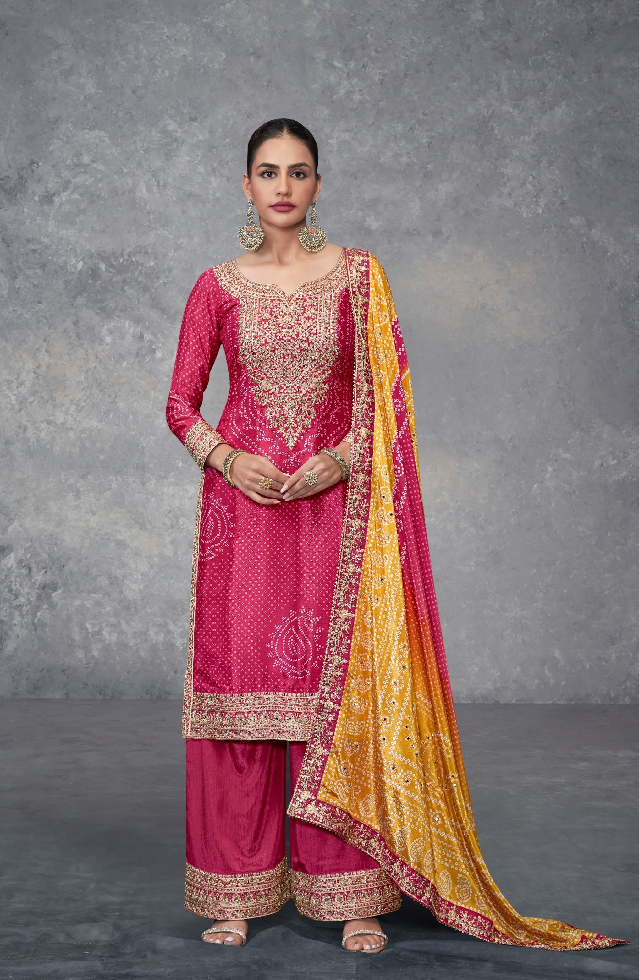 Anaita Pink Digital Printed Chinon Embroidered Sequence Work Ready Made Suit