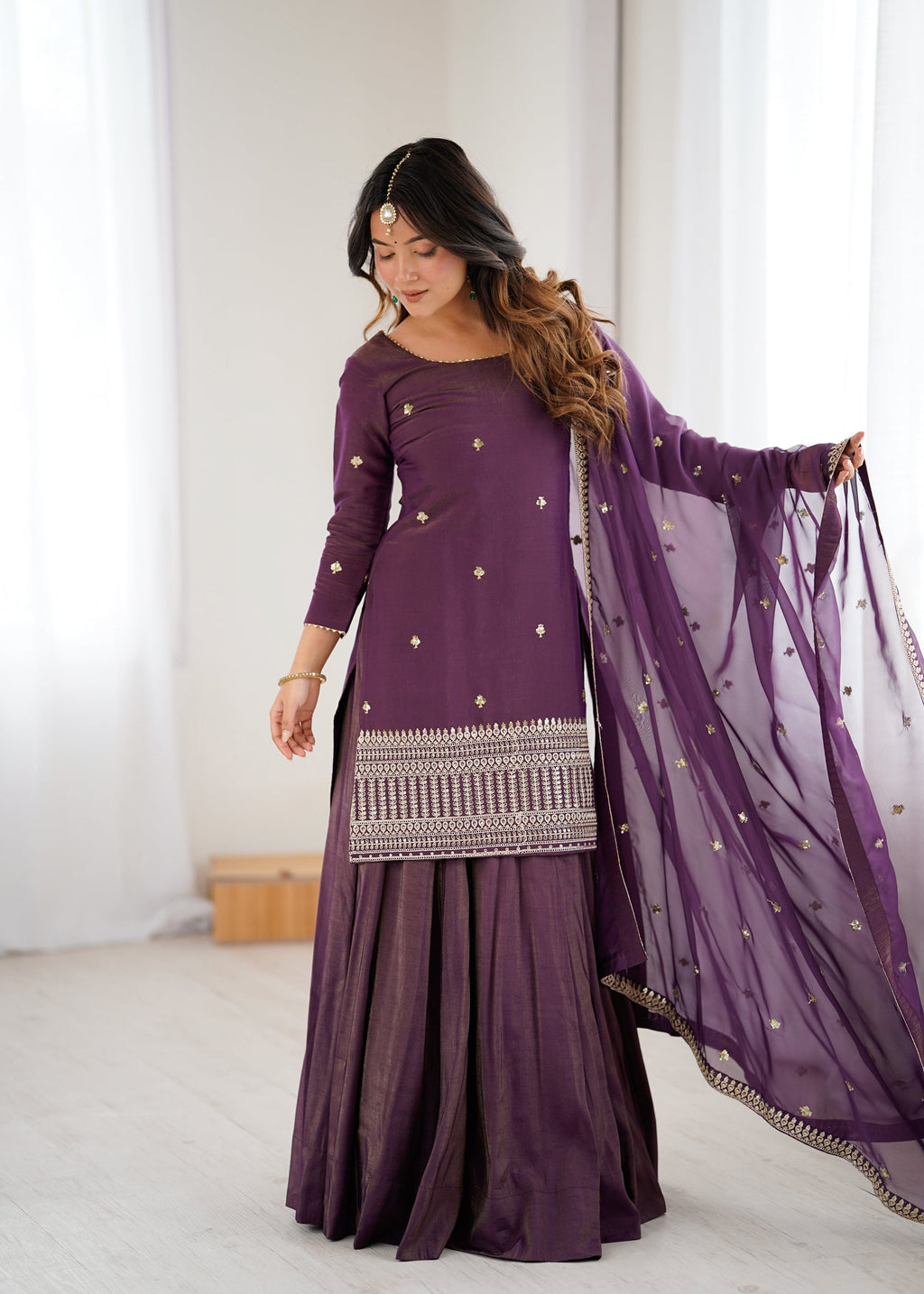 Lorenvalley Fashion Purple Roman Shimmer Chanderi Silk with Embroidery Jari Work Kurta Lehenga with Dupatta