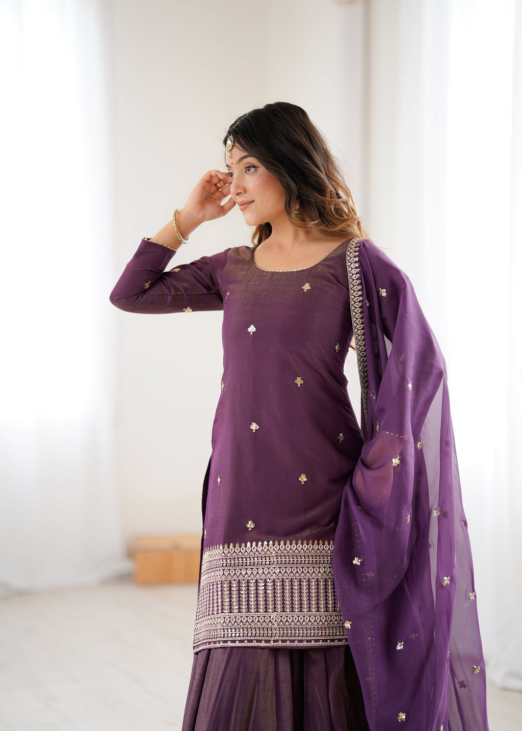 Lorenvalley Fashion Purple Roman Shimmer Chanderi Silk with Embroidery Jari Work Kurta Lehenga with Dupatta